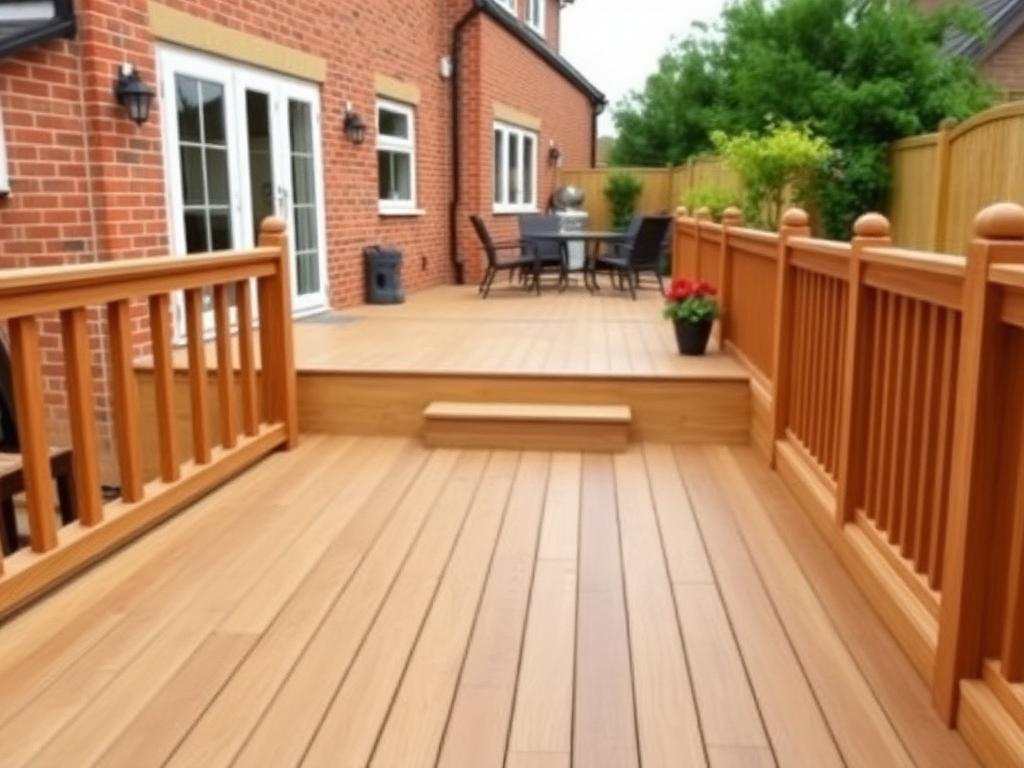 New timber garden decking with balustrade behind a UK home
