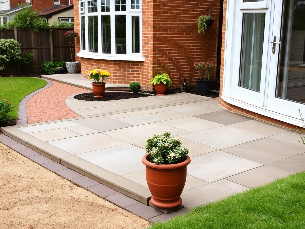 Newly laid patio flagging and garden path