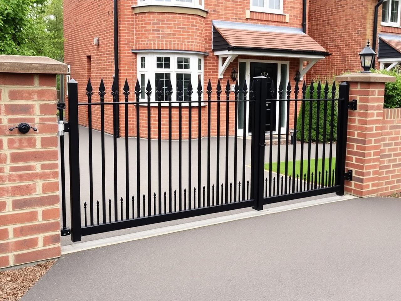 Black metal gates and railings at a driveway entrance