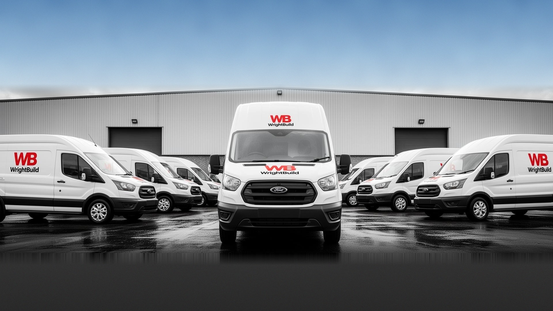 WrightBuild branded vans outside a clean industrial warehouse