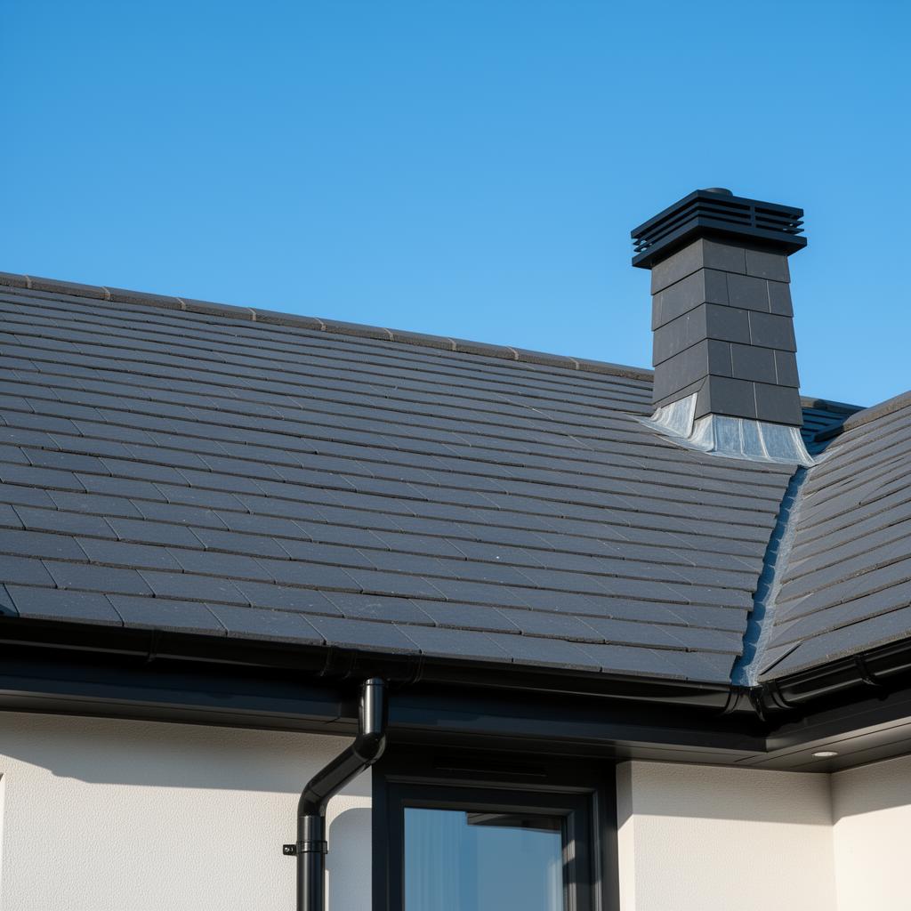 Finished slate roof and guttering on a UK brick home